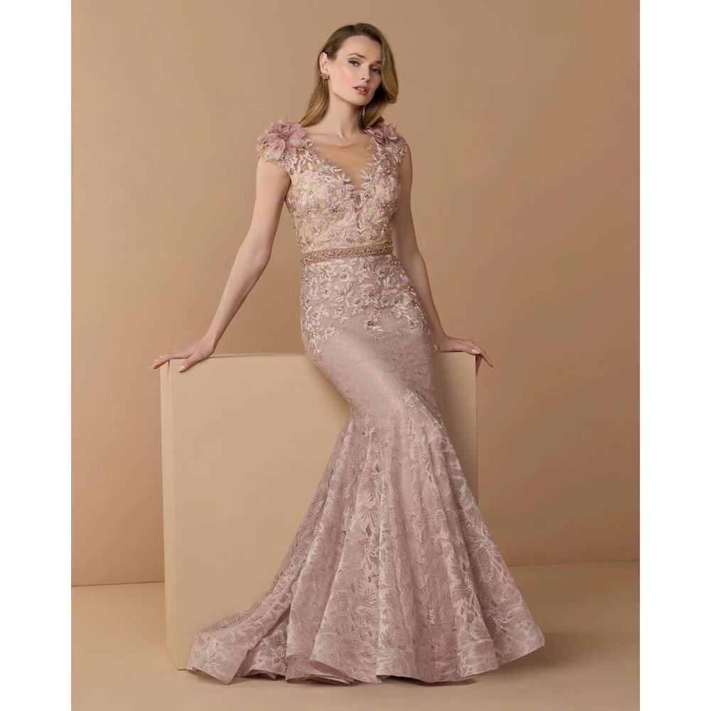 MAC DUGGAL COLLECTION 79368 Pink Embellished Gown 12 Lace Illusion Neck NWT$1298
